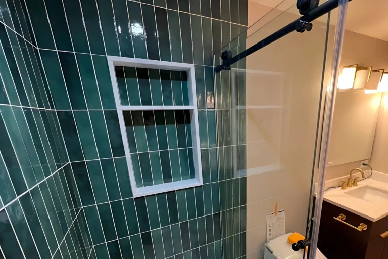 Bathroom Shower Green Tiles with Sliding Glass Door